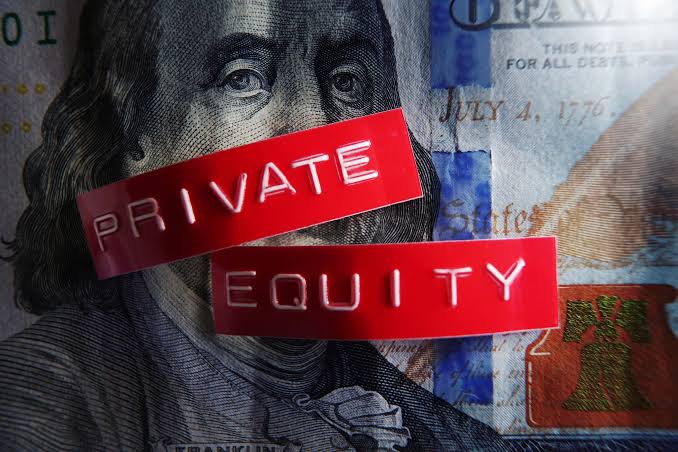 Red label tape reading Private Equity across a US 100 dollar bill