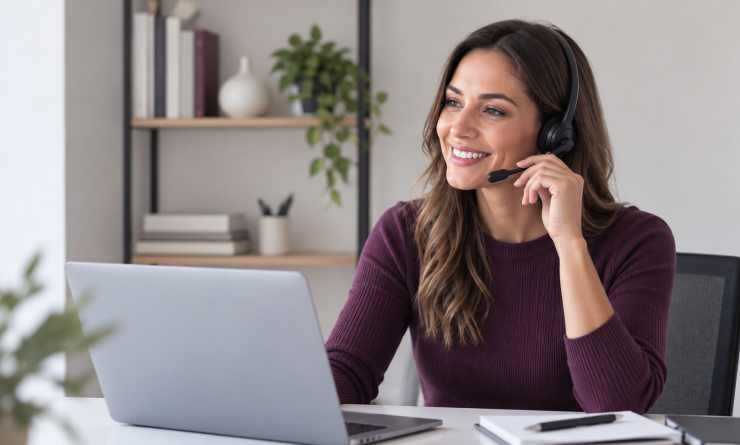 Executive hospitality virtual assistant smiling during a call while working on a laptop